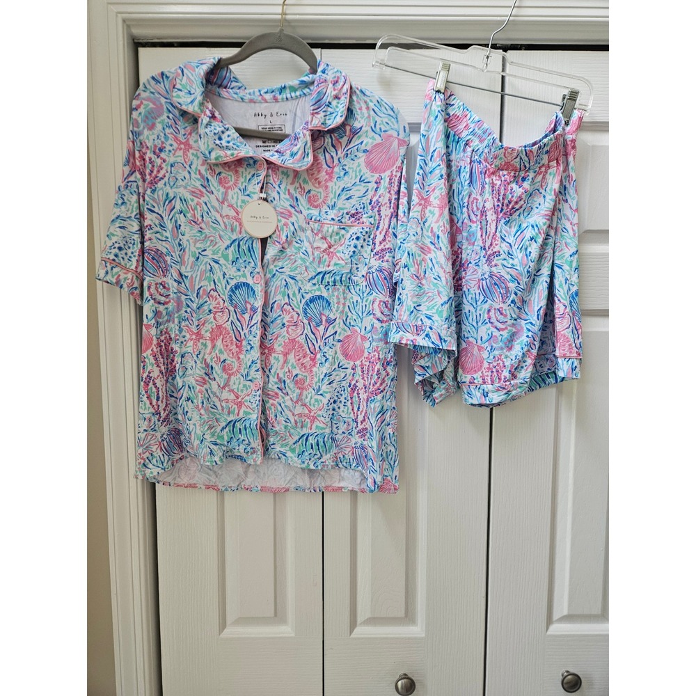 Abby & Evie Pajama Set Large Women Coastal Shell Seahorse Print Pink NWT bamboo